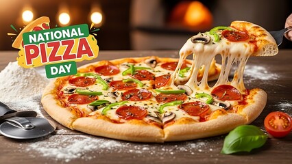 National pizza day banner on delicious hot pepperoni pizza being lifted with cheese stretching