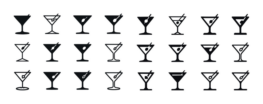Variety of martini glass silhouettes with olive garnishes in dif