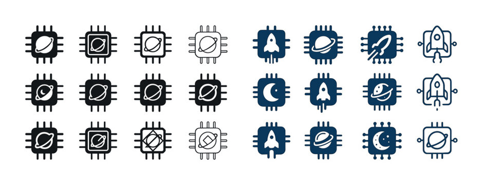 Space-themed circuit emblems featuring rockets, planets, and ast