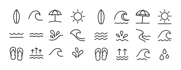 Naklejka premium Minimalist beach and ocean icons set with surfboard and sun desi