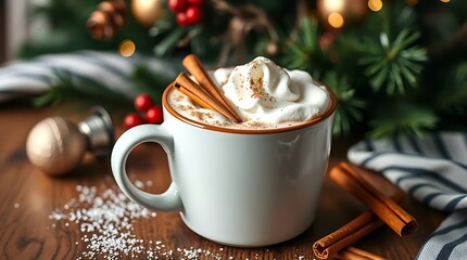 An ultra-realistic, detailed close-up of a steaming mug of hot chocolate on a wooden table, garnished with whipped cream and cinnamon sticks, for Christmas