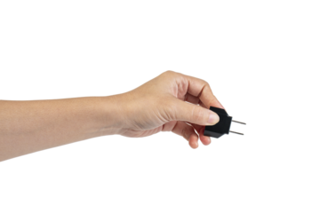 Electric plug on white background. Hand with plug isolated on transparent background.