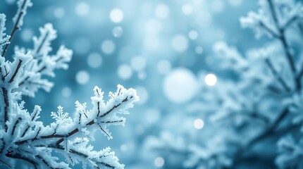 An ultra-realistic, frosted Christmas background with icy branches, crystalline snowflakes, and cool blue and white tones, creating a serene winter scene