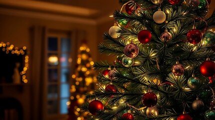 An ultra-realistic, vibrant Christmas tree adorned with glittering ornaments and twinkling lights, set against a cozy, dimly lit room