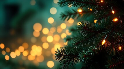 An ultra-realistic, vibrant Christmas background featuring twinkling fairy lights, deep green pine branches, and subtle hints of red and gold, rendered in high detail