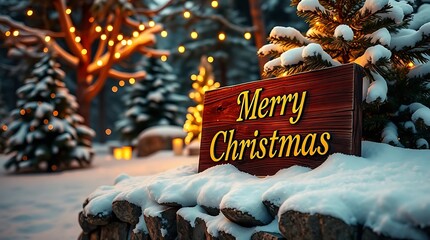 An ultra-realistic, vibrant photograph of a snowy Christmas scene, warm glowing lights, pine trees laden with snow, a rustic wooden sign that reads Merry Christmas in a classic serif font.