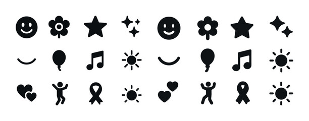 Collection of black icon symbols: smiley, star, balloon, music n