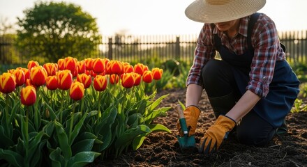 A person wearing a hat and gloves is kneeling in a garden, tending to the soil near a vibrant bed of red and yellow tulips during golden hour.
