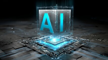 3D logo of the word AI with blue neon lights, floating above a digital pattern cube on a circular platform against futuristic cityscape.