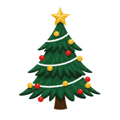 a stylized geometric mid-century modern vector christmas tree with pine green foliage, yellow star, and red/gold baubles on a transparent background. Nostalgic vintage holiday graphic design