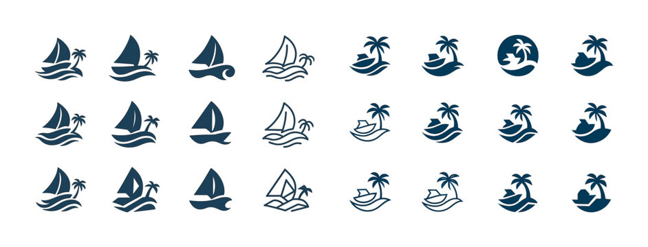 Variety of nautical icons featuring sailboats and palm trees