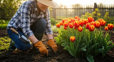 A person in a hat and gloves is planting in a garden bed next to vibrant red and yellow tulips on a sunny day.