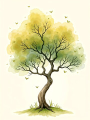 Hand Painted Watercolor Illustration of a Big Tree with Yellow and Green Canopy on Beige Paper Background.