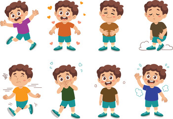 Cartoon boy showing various emotions and actions happy playful shy excited running greeting cute kids character illustration set
