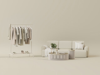 Elegant neutral-toned living space with contemporary decor creative home accessories 3d render	