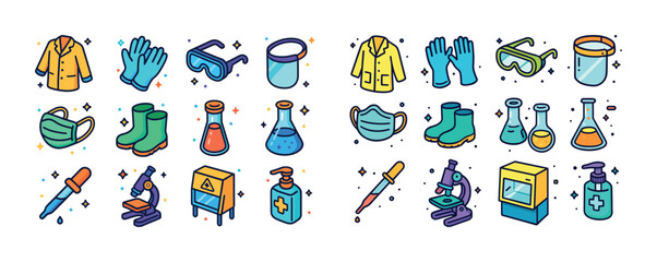 Fototapeta premium Colorful laboratory equipment icons: masks, goggles, gloves, mic