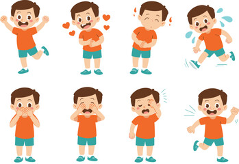 Cartoon boy showing various emotions and actions happy playful shy excited running greeting cute kids character illustration set