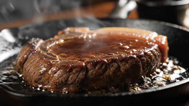Sizzling steak in a cast iron pan with glistening juices browned exterior and a fat cap