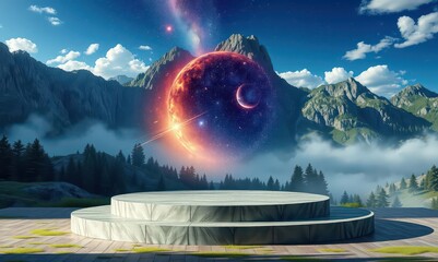 Fantasy landscape featuring a celestial sphere of fire set in a mountainous scene with a marble stage in the foreground suggesting a unique juxtaposition.