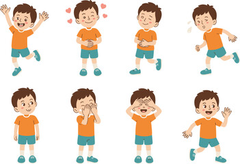 Cartoon boy showing various emotions and actions happy playful shy excited running greeting cute kids character illustration set