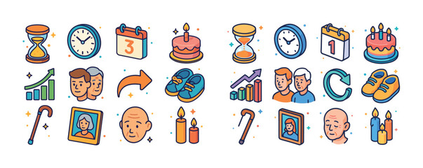 Aging milestones: time, growth, and maturity symbols in colorful
