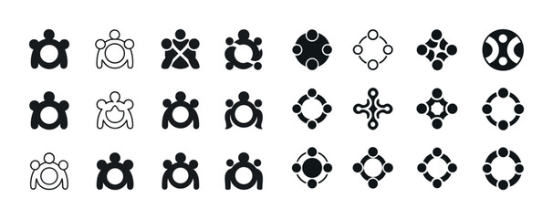 Diverse abstract symbols of unity and collaboration in black and