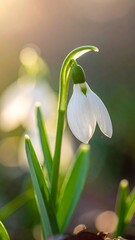 Close-up of a delicate snowdrop flower bathed in soft sunlight against a bokeh backdrop