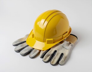 Yellow construction safety hardhat and protective gloves work equipment isolated object