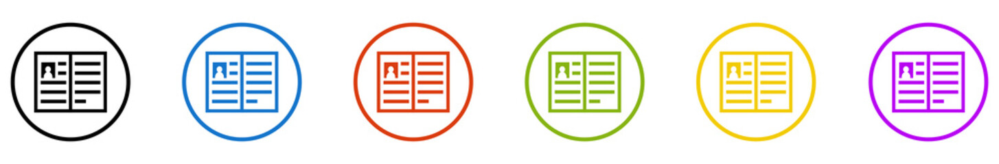 Banner mit 6 farbigen Icons im Kreis: Zeugnis oder Bewerbung