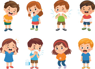 Cartoon children showing illness symptoms including fever cough cold sneezing stomach ache headache injury healthcare illustration set for kids education