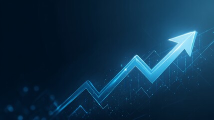 Blue upward-pointing arrow graph on financial market background, conveying business growth concept with glowing gradient vector illustration in dark and light tones.