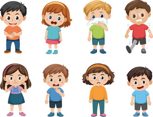 Cartoon children showing illness symptoms including fever cough cold sneezing stomach ache headache injury healthcare illustration set for kids education