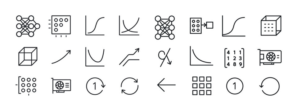 Data science and machine learning icons set: neural networks, gr