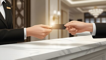 Hotel Receptionist Handing Key Card to Guest at Luxury Check-In Counter