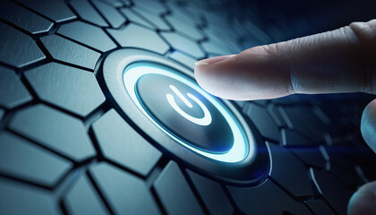 Futuristic Digital Power Button Interface on Hexagonal Surface with Blue Glowing Touch Technology