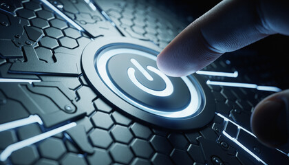 Futuristic Digital Power Button Interface on Hexagonal Surface with Blue Glowing Touch Technology