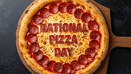 Overhead view of savory pepperoni pizza featuring national pizza day text carved into cheese and meat topping.