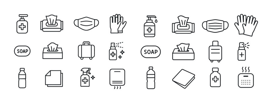 Essential hygiene and safety icons set: sanitizer, mask, soap, t
