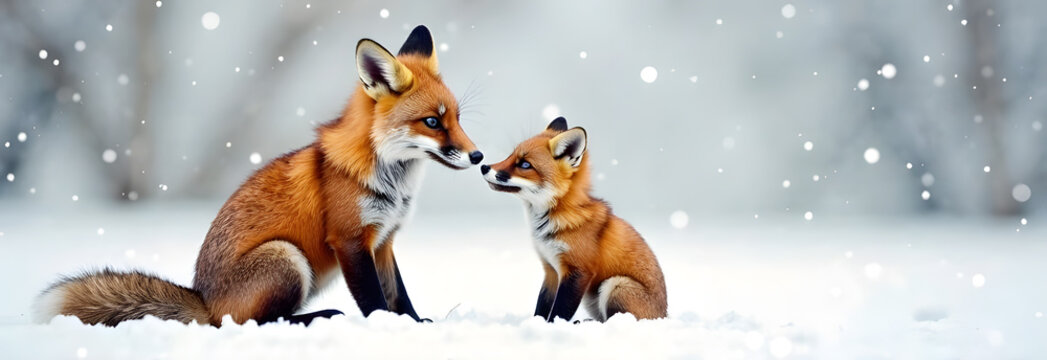 Two red foxes, an adult and a cub, sit close together in deep white snow during gentle snowfall. The animals touch noses, creating a tender winter wildlife scene with soft light and copy space on the