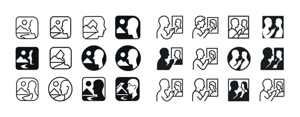 Diverse silhouette icons of people and landscapes in various sty
