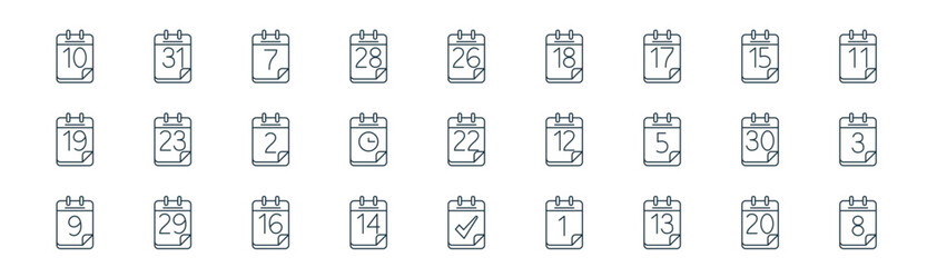 modern linear numerical calendar icon set. vector thin line outline symbols for ui/ux app and web interfaces. minimal stroke collection including calendar, calendar,