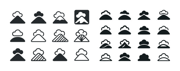 Simple mountain and cloud icon set in various styles and designs