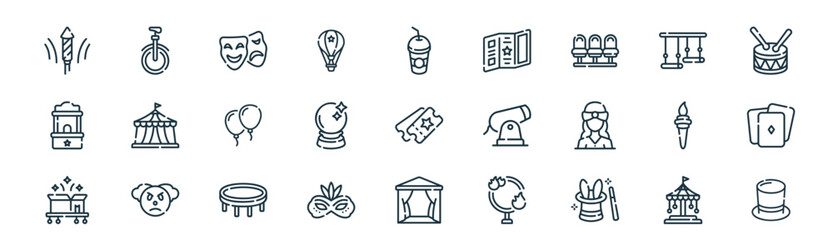 modern linear circus icon set. vector thin line outline symbols for ui/ux app and web interfaces. minimal stroke collection including carousel, unicycle, theater, trapeze, magic ball, poker, © XS Works