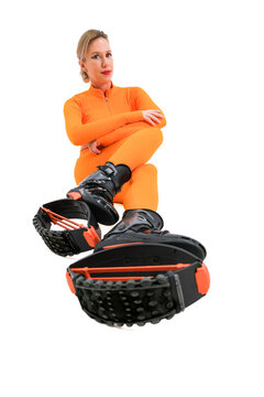 Woman in Studio in Stylish Orange Tracksuit, Stylish kangoo shoes