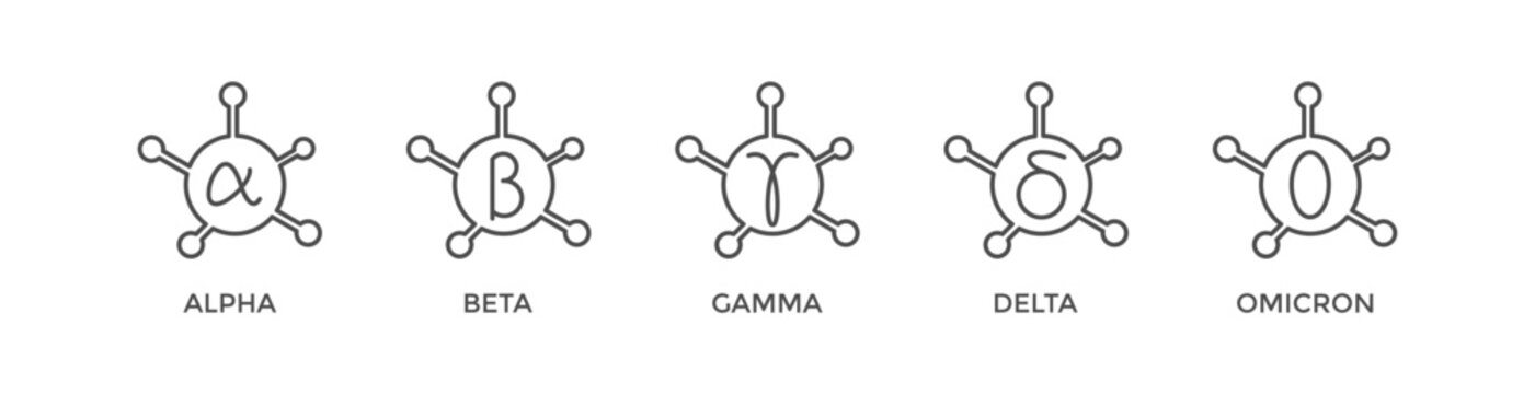 Coronavirus mutation banner web icon vector illustration concept with an icon of Covid-19 WHO variant names from the Greek alphabet: alpha, beta, gamma, delta, and omicron