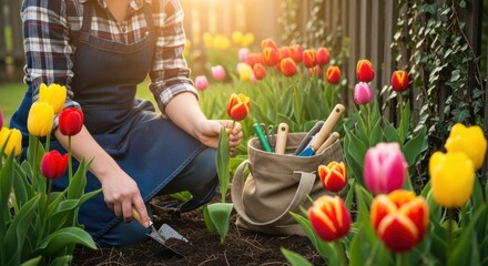 A person tending to a vibrant garden filled with colorful tulips under the warm glow of the sun, using a small trowel and surrounded by gardening tools.