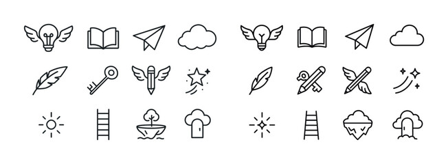 Minimalist office icon set: light bulb, book, paper plane, cloud