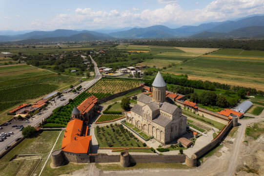 Alaverdi Monastery Complex aerial panoramic view in Kakheti, Georgia. High quality photo