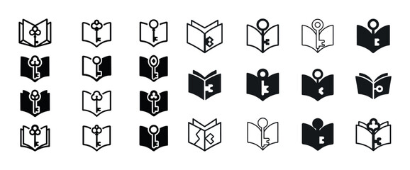 Collection of key and book icon variations in black and white de