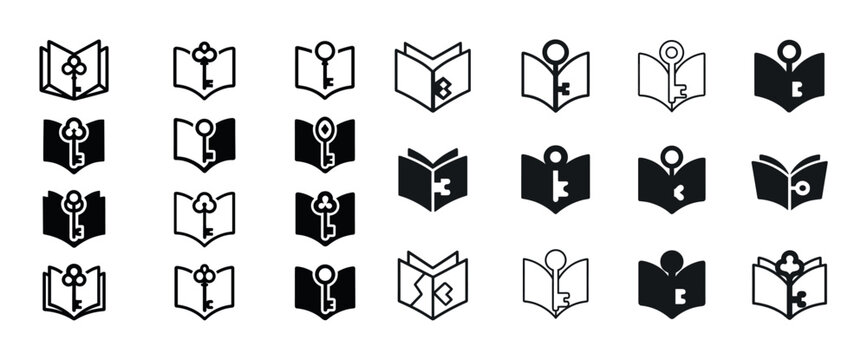 Collection of key and book icon variations in black and white de